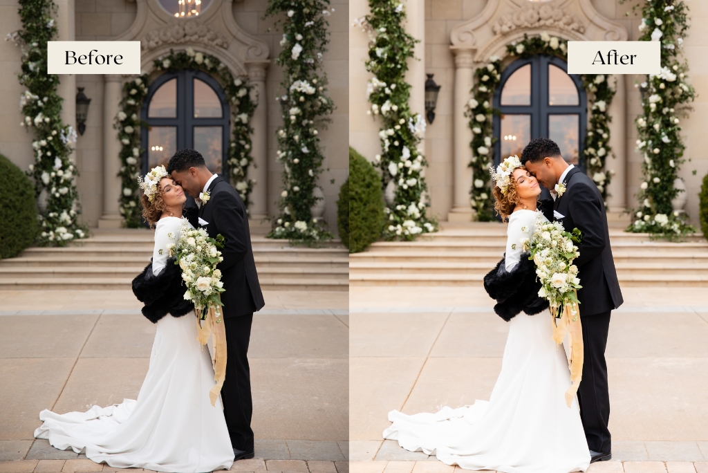 Before and after photo showing how lightroom wedding presets brightens up underexposed photo.