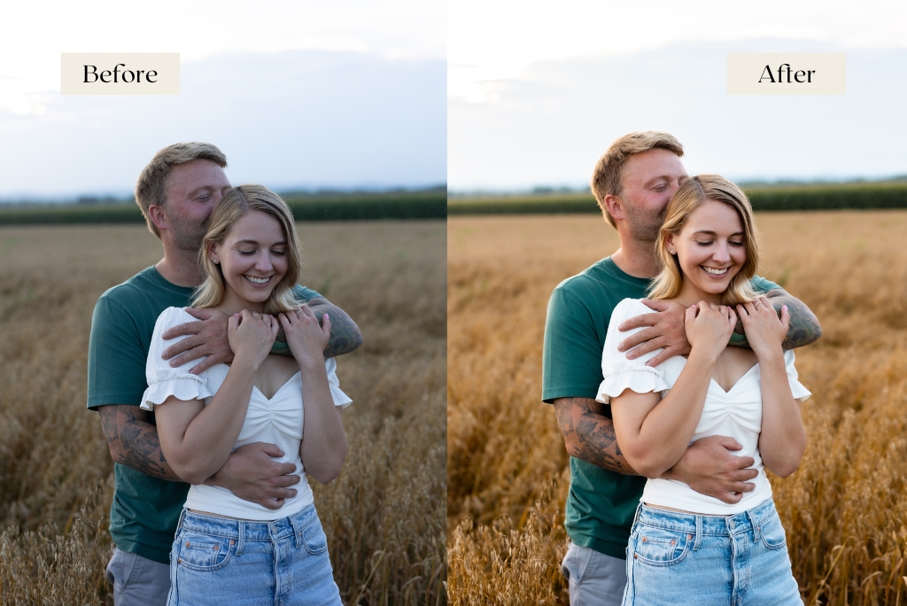 Before and after featuring a photo with warm contrast for lightroom wedding photos.